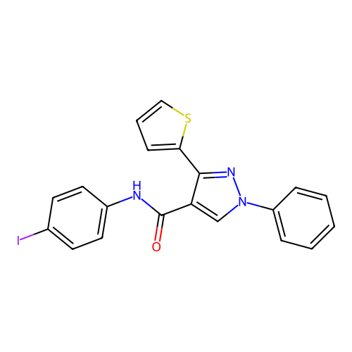 N-(4-iodophenyl)-1-phenyl-3-(thiophen-2-yl)-1H-pyrazole-4-carboxamide structure