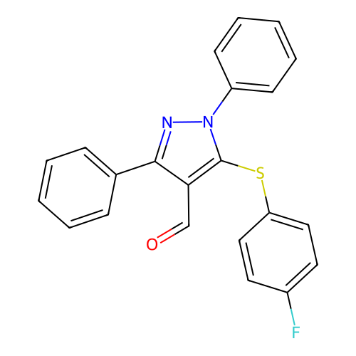 5-[(4-fluorophenyl)sulfanyl]-1,3-diphenyl-1H-pyrazole-4-carbaldehyde structure