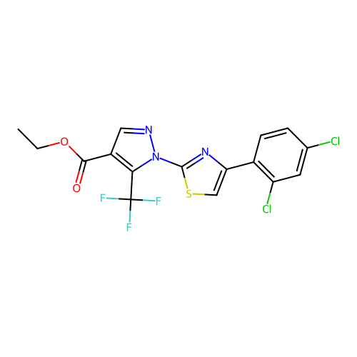 ethyl 1-[4-(2,4-dichlorophenyl)-1,3-thiazol-2-yl]-5-(trifluoromethyl)-1H-pyrazole-4-carboxylate structure