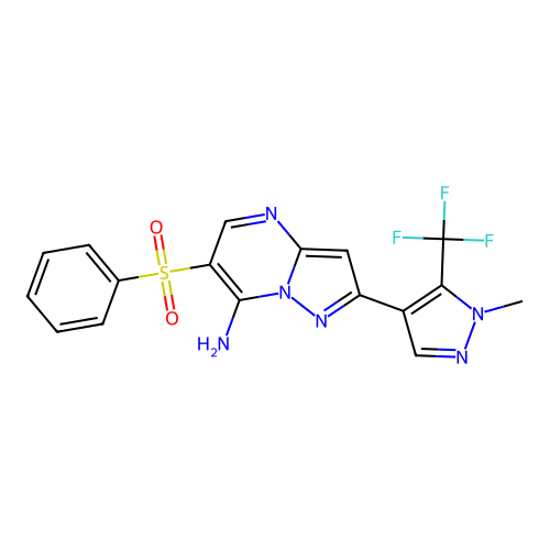2-[1-methyl-5-(trifluoromethyl)-1H-pyrazol-4-yl]-6-(phenylsulfonyl)pyrazolo[1,5-a]pyrimidin-7-amine structure