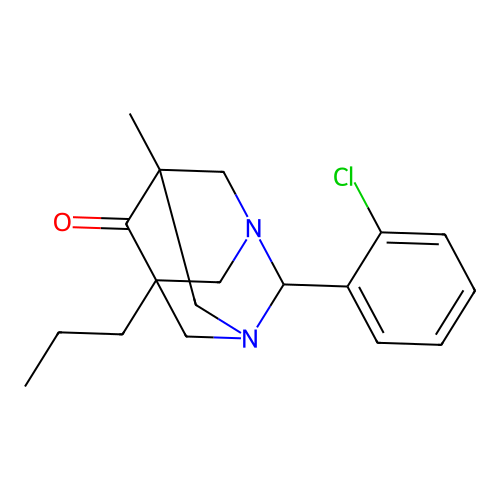(1R,2r,3S,5s,7r)-2-(2-chlorophenyl)-5-methyl-7-propyl-1,3-diazaadamantan-6-one structure