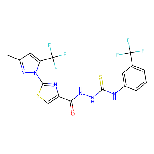 2-({2-[3-methyl-5-(trifluoromethyl)-1H-pyrazol-1-yl]-1,3-thiazol-4-yl}carbonyl)-N-[3-(trifluoromethyl)phenyl]-1-hydrazinecarbothioamide structure