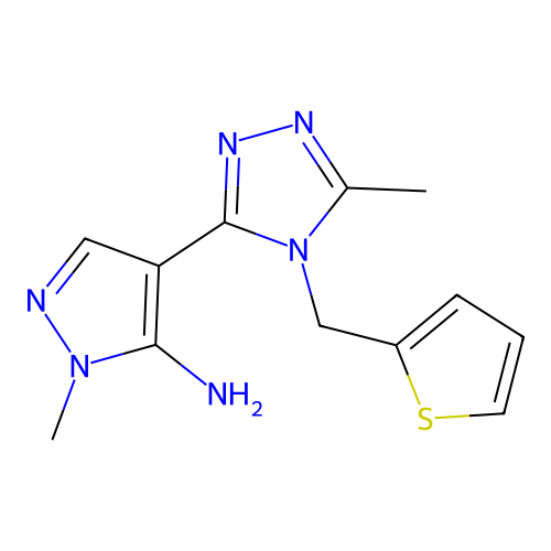 1-methyl-4-[5-methyl-4-(2-thienylmethyl)-4H-1,2,4-triazol-3-yl]-1H-pyrazol-5-amine structure
