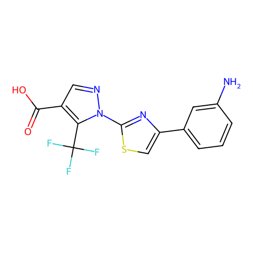 1-[4-(3-aminophenyl)-1,3-thiazol-2-yl]-5-(trifluoromethyl)-1H-pyrazole-4-carboxylic acid structure