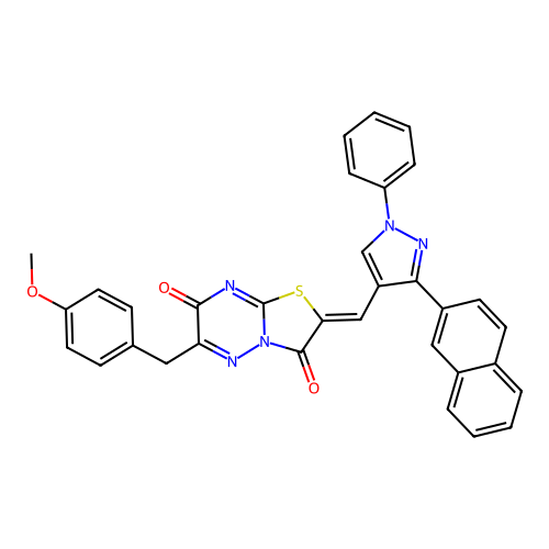 (2Z)-6-(4-methoxybenzyl)-2-{[3-(naphthalen-2-yl)-1-phenyl-1H-pyrazol-4-yl]methylidene}-7H-[1,3]thiazolo[3,2-b][1,2,4]triazine-3,7(2H)-dione structure