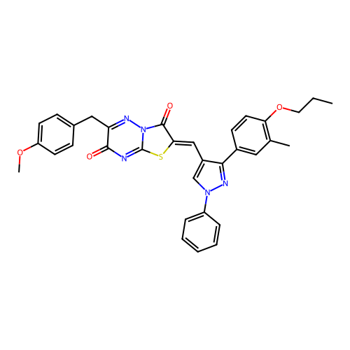 (2Z)-6-(4-methoxybenzyl)-2-{[3-(3-methyl-4-propoxyphenyl)-1-phenyl-1H-pyrazol-4-yl]methylidene}-7H-[1,3]thiazolo[3,2-b][1,2,4]triazine-3,7(2H)-dione structure