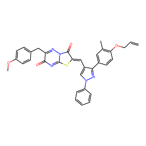 (2Z)-6-(4-methoxybenzyl)-2-({3-[3-methyl-4-(prop-2-en-1-yloxy)phenyl]-1-phenyl-1H-pyrazol-4-yl}methylidene)-7H-[1,3]thiazolo[3,2-b][1,2,4]triazine-3,7(2H)-dione structure