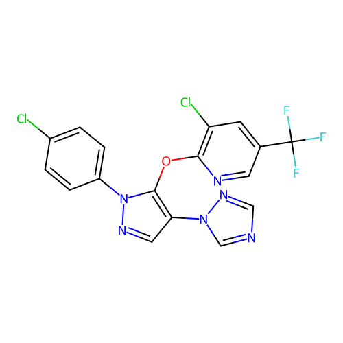 3-chloro-2-{[1-(4-chlorophenyl)-4-(1H-1,2,4-triazol-1-yl)-1H-pyrazol-5-yl]oxy}-5-(trifluoromethyl)pyridine structure