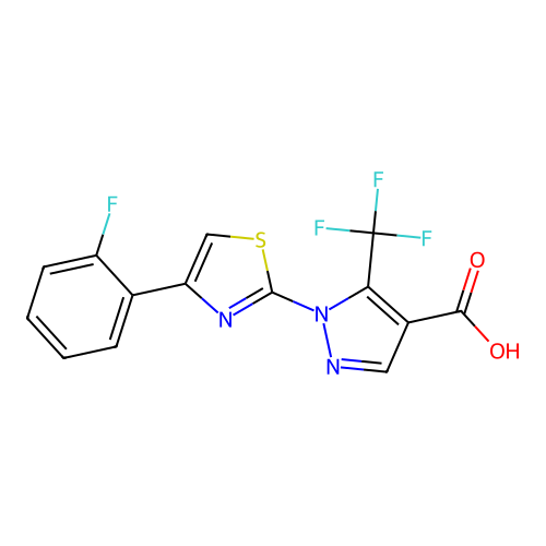 1-[4-(2-fluorophenyl)-1,3-thiazol-2-yl]-5-(trifluoromethyl)-1H-pyrazole-4-carboxylic acid structure