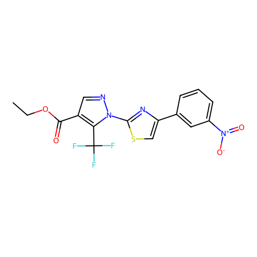 ethyl 1-[4-(3-nitrophenyl)-1,3-thiazol-2-yl]-5-(trifluoromethyl)-1H-pyrazole-4-carboxylate structure
