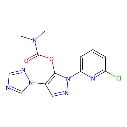 1-(6-chloro-2-pyridinyl)-4-(1H-1,2,4-triazol-1-yl)-1H-pyrazol-5-yl N,N-dimethylcarbamate structure