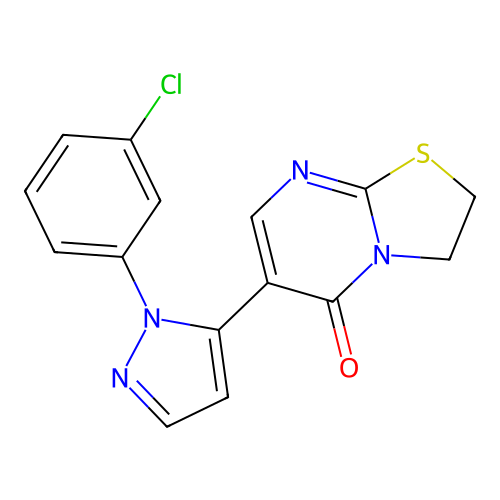 6-[1-(3-chlorophenyl)-1H-pyrazol-5-yl]-2,3-dihydro-5H-[1,3]thiazolo[3,2-a]pyrimidin-5-one structure