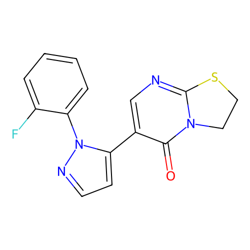 6-[1-(2-fluorophenyl)-1H-pyrazol-5-yl]-2,3-dihydro-5H-[1,3]thiazolo[3,2-a]pyrimidin-5-one structure