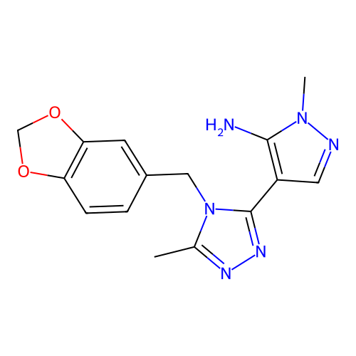 4-[4-(1,3-benzodioxol-5-ylmethyl)-5-methyl-4H-1,2,4-triazol-3-yl]-1-methyl-1H-pyrazol-5-amine structure