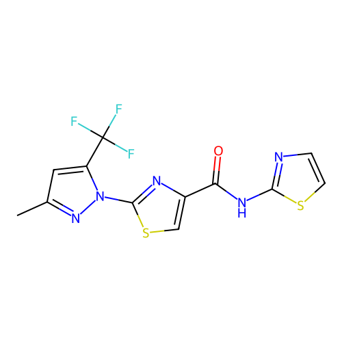 2-[3-methyl-5-(trifluoromethyl)-1H-pyrazol-1-yl]-N-(1,3-thiazol-2-yl)-1,3-thiazole-4-carboxamide structure