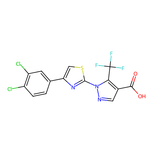 1-[4-(3,4-dichlorophenyl)-1,3-thiazol-2-yl]-5-(trifluoromethyl)-1H-pyrazole-4-carboxylic acid structure