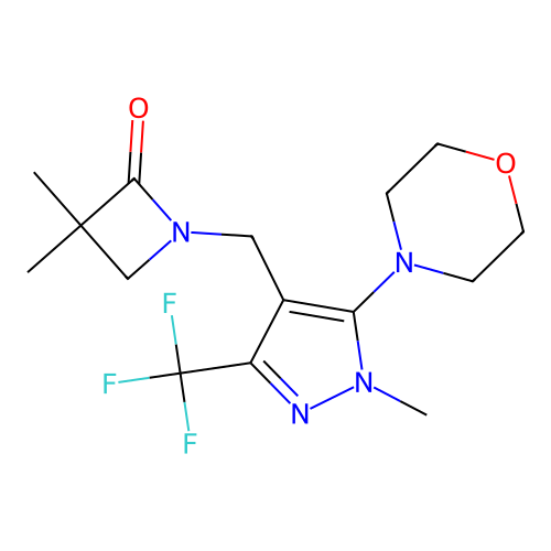 3,3-dimethyl-1-{[1-methyl-5-morpholino-3-(trifluoromethyl)-1H-pyrazol-4-yl]methyl}-2-azetanone structure