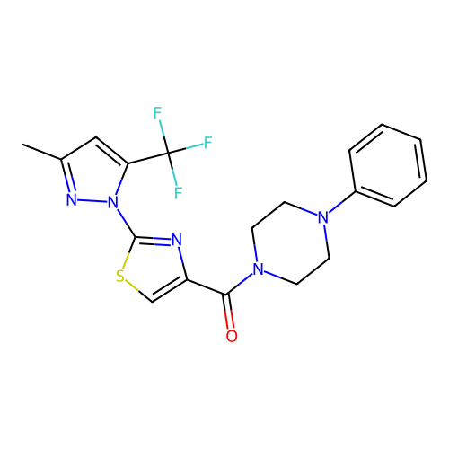 [2-[3-methyl-5-(trifluoromethyl)pyrazol-1-yl]-1,3-thiazol-4-yl]-(4-phenylpiperazin-1-yl)methanone structure