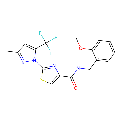 N-(2-methoxybenzyl)-2-[3-methyl-5-(trifluoromethyl)-1H-pyrazol-1-yl]-1,3-thiazole-4-carboxamide structure