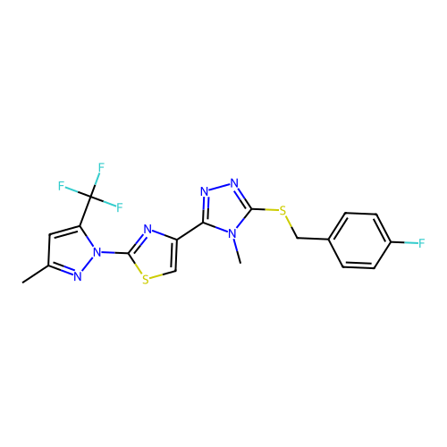 4-fluorobenzyl 4-methyl-5-{2-[3-methyl-5-(trifluoromethyl)-1H-pyrazol-1-yl]-1,3-thiazol-4-yl}-4H-1,2,4-triazol-3-yl sulfide structure
