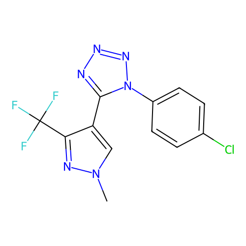 1-(4-chlorophenyl)-5-[1-methyl-3-(trifluoromethyl)-1H-pyrazol-4-yl]-1H-1,2,3,4-tetraazole structure
