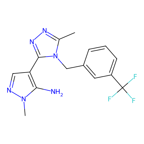 1-methyl-4-{5-methyl-4-[3-(trifluoromethyl)benzyl]-4H-1,2,4-triazol-3-yl}-1H-pyrazol-5-amine structure
