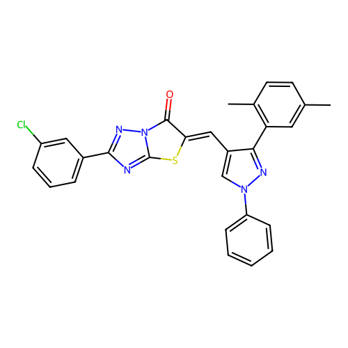 (5Z)-2-(3-chlorophenyl)-5-{[3-(2,5-dimethylphenyl)-1-phenyl-1H-pyrazol-4-yl]methylidene}[1,3]thiazolo[3,2-b][1,2,4]triazol-6(5H)-one structure