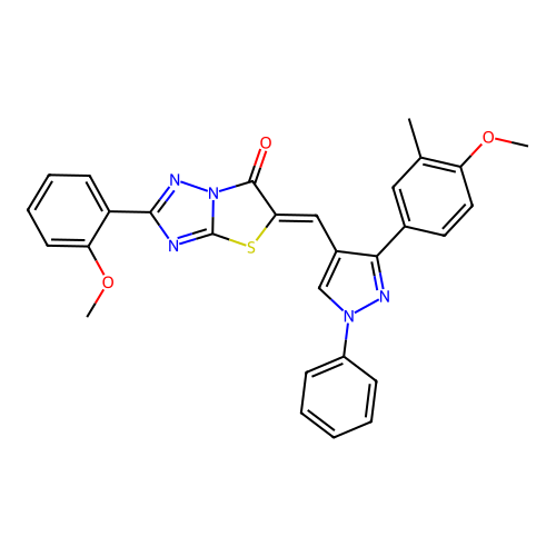 (5Z)-5-{[3-(4-methoxy-3-methylphenyl)-1-phenyl-1H-pyrazol-4-yl]methylene}-2-(2-methoxyphenyl)[1,3]thiazolo[3,2-b][1,2,4]triazol-6(5H)-one structure