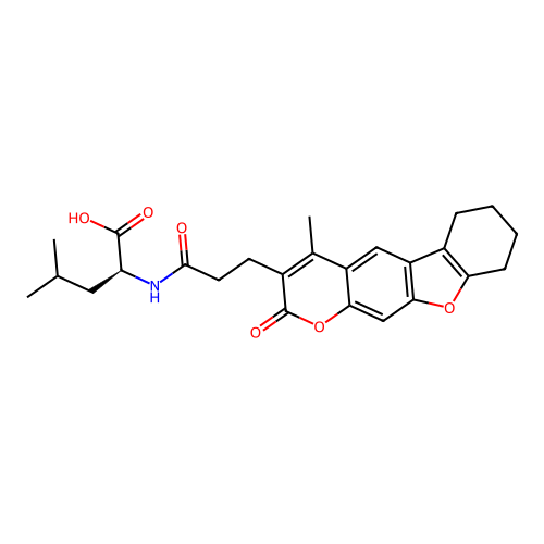 (2S)-4-methyl-2-[3-(4-methyl-2-oxo-6,7,8,9-tetrahydro-[1]benzofuro[3,2-g]chromen-3-yl)propanoylamino]pentanoic acid structure
