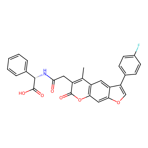(2S)-({[3-(4-fluorophenyl)-5-methyl-7-oxo-7H-furo[3,2-g]chromen-6-yl]acetyl}amino)(phenyl)ethanoic acid structure