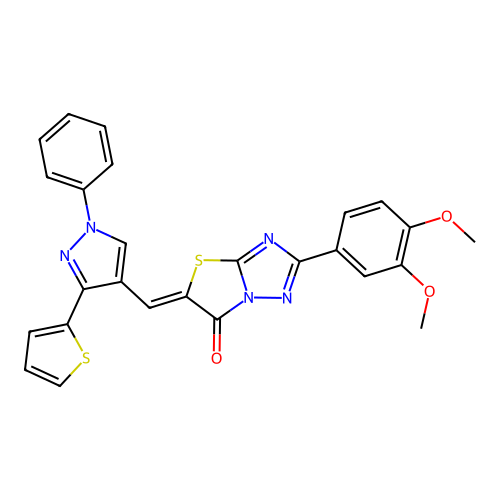 (5Z)-2-(3,4-dimethoxyphenyl)-5-{[1-phenyl-3-(thiophen-2-yl)-1H-pyrazol-4-yl]methylidene}[1,3]thiazolo[3,2-b][1,2,4]triazol-6(5H)-one structure
