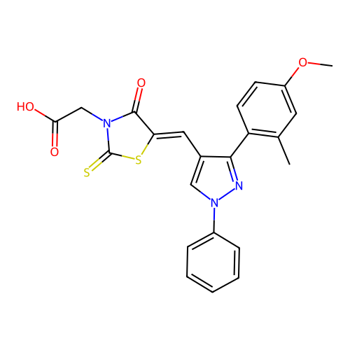 (Z)-2-(5-((3-(4-methoxy-2-methylphenyl)-1-phenyl-1H-pyrazol-4-yl)methylene)-4-oxo-2-thioxothiazolidin-3-yl)acetic acid structure