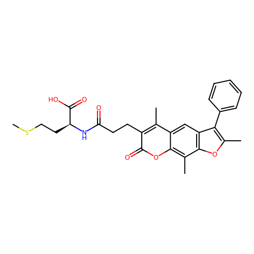 (S)-4-(methylthio)-2-(3-(2,5,9-trimethyl-7-oxo-3-phenyl-7H-furo[3,2-g]chromen-6-yl)propanamido)butanoic acid structure
