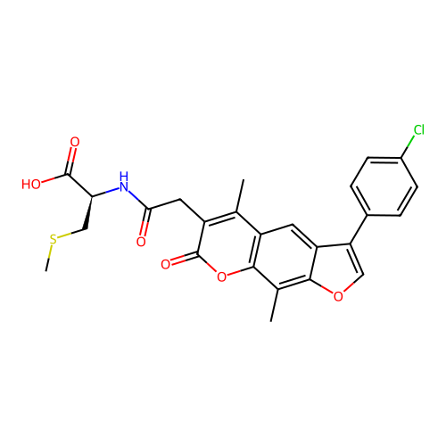 (2R)-2-[[2-[3-(4-chlorophenyl)-5,9-dimethyl-7-oxofuro[3,2-g]chromen-6-yl]acetyl]amino]-3-methylsulfanylpropanoic acid structure