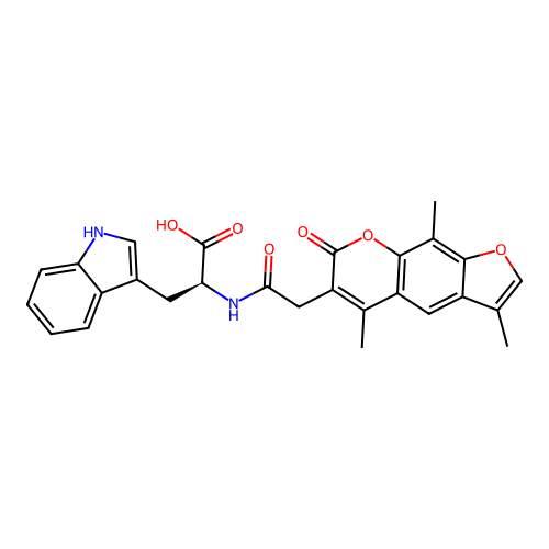 (S)-3-(1H-indol-3-yl)-2-(2-(3,5,9-trimethyl-7-oxo-7H-furo[3,2-g]chromen-6-yl)acetamido)propanoic acid structure
