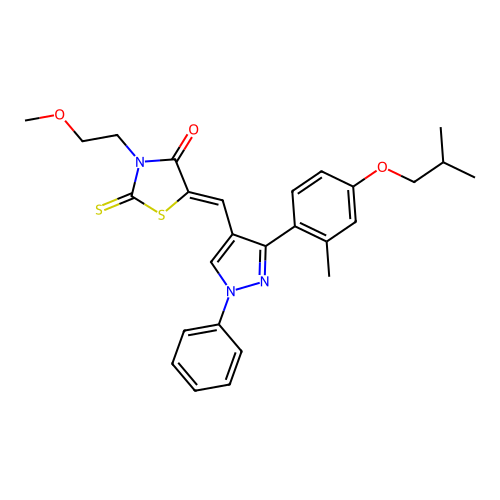 (5Z)-3-(2-methoxyethyl)-5-({3-[2-methyl-4-(2-methylpropoxy)phenyl]-1-phenyl-1H-pyrazol-4-yl}methylidene)-2-thioxo-1,3-thiazolidin-4-one structure