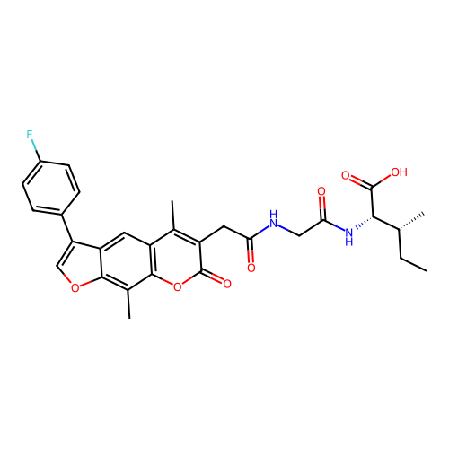 (2S,3R)-2-(2-(2-(3-(4-fluorophenyl)-5,9-dimethyl-7-oxo-7H-furo[3,2-g]chromen-6-yl)acetamido)acetamido)-3-methylpentanoic acid structure