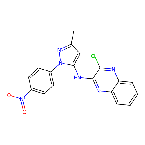 3-chloro-N-(3-methyl-1-(4-nitrophenyl)-1H-pyrazol-5-yl)quinoxalin-2-amine structure
