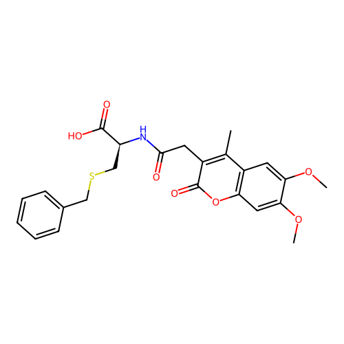 (R)-3-(benzylthio)-2-(2-(6,7-dimethoxy-4-methyl-2-oxo-2H-chromen-3-yl)acetamido)propanoic acid structure