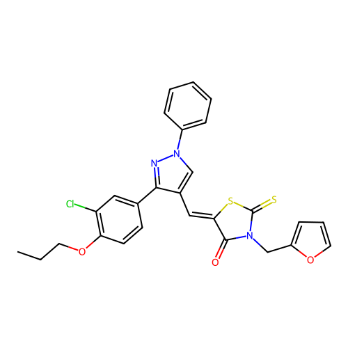 (5Z)-5-{[3-(3-chloro-4-propoxyphenyl)-1-phenyl-1H-pyrazol-4-yl]methylidene}-3-(furan-2-ylmethyl)-2-thioxo-1,3-thiazolidin-4-one structure