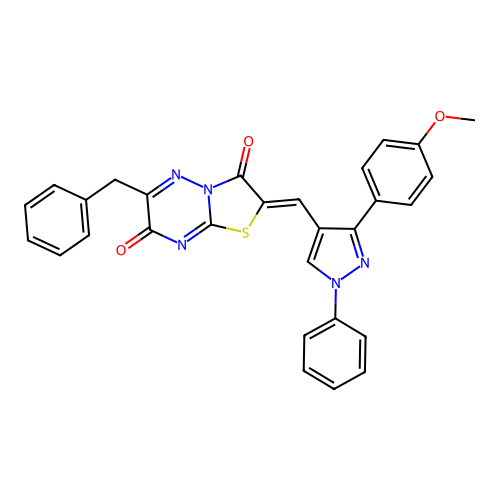 (2Z)-6-benzyl-2-{[3-(4-methoxyphenyl)-1-phenyl-1H-pyrazol-4-yl]methylene}-7H-[1,3]thiazolo[3,2-b][1,2,4]triazine-3,7(2H)-dione structure