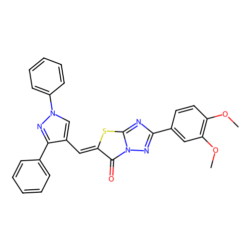 (5Z)-2-(3,4-dimethoxyphenyl)-5-[(1,3-diphenyl-1H-pyrazol-4-yl)methylidene][1,3]thiazolo[3,2-b][1,2,4]triazol-6(5H)-one structure