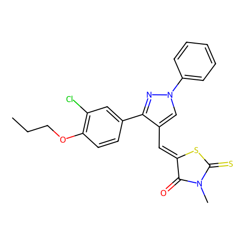 (5Z)-5-{[3-(3-chloro-4-propoxyphenyl)-1-phenyl-1H-pyrazol-4-yl]methylidene}-3-methyl-2-thioxo-1,3-thiazolidin-4-one structure
