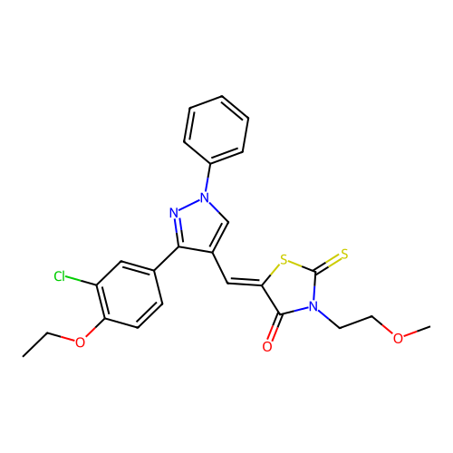 (5Z)-5-{[3-(3-chloro-4-ethoxyphenyl)-1-phenyl-1H-pyrazol-4-yl]methylidene}-3-(2-methoxyethyl)-2-thioxo-1,3-thiazolidin-4-one structure