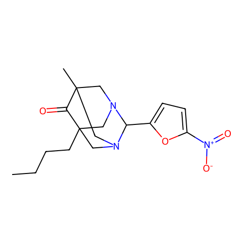 (1R,3S,5r,7s)-5-butyl-7-methyl-2-(5-nitrofuran-2-yl)-1,3-diazaadamantan-6-one structure