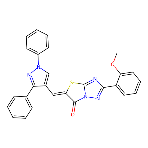 (5Z)-5-[(1,3-diphenyl-1H-pyrazol-4-yl)methylene]-2-(2-methoxyphenyl)[1,3]thiazolo[3,2-b][1,2,4]triazol-6(5H)-one structure