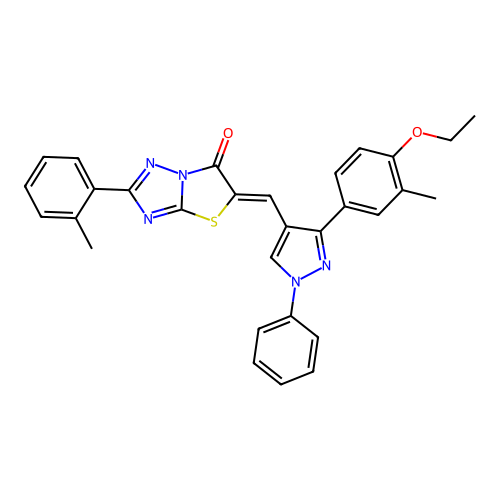 (5Z)-5-{[3-(4-ethoxy-3-methylphenyl)-1-phenyl-1H-pyrazol-4-yl]methylidene}-2-(2-methylphenyl)[1,3]thiazolo[3,2-b][1,2,4]triazol-6(5H)-one structure
