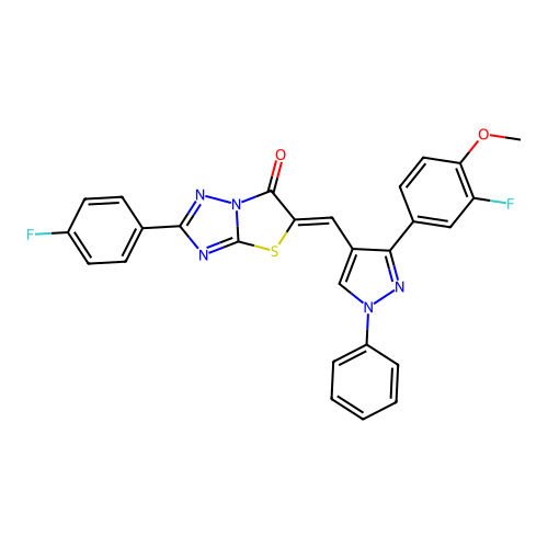 (5Z)-5-{[3-(3-fluoro-4-methoxyphenyl)-1-phenyl-1H-pyrazol-4-yl]methylene}-2-(4-fluorophenyl)[1,3]thiazolo[3,2-b][1,2,4]triazol-6(5H)-one structure