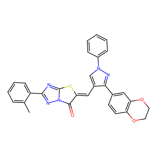 (5Z)-5-{[3-(2,3-dihydro-1,4-benzodioxin-6-yl)-1-phenyl-1H-pyrazol-4-yl]methylidene}-2-(2-methylphenyl)[1,3]thiazolo[3,2-b][1,2,4]triazol-6(5H)-one structure