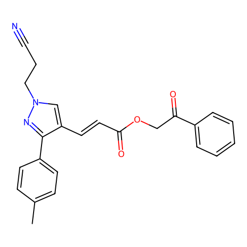 phenacyl (E)-3-[1-(2-cyanoethyl)-3-(4-methylphenyl)pyrazol-4-yl]prop-2-enoate structure